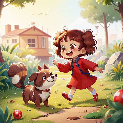 a girl running with a dog in a forest with a house in the background and a dog running towards her