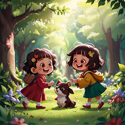 two little girls playing with a dog in a forest with flowers and trees in the background, with a dog looking at the girl