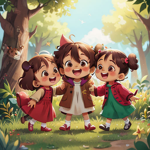 three little girls are standing in the woods together and laughing together, with a cat in the background and a cat on the ground