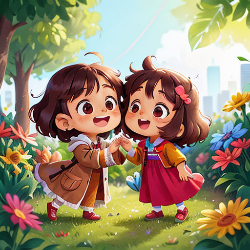 two little girls standing in a field of flowers with a city in the background and a sky in the background