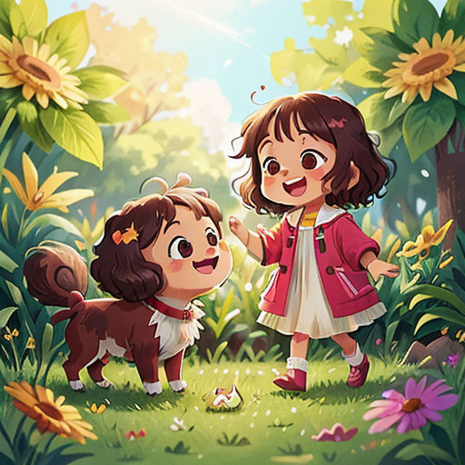 a girl and a dog in a field of flowers with sunflowers in the background and a sky with clouds
