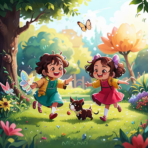 two children playing in a park with a dog and butterfly flying overhead by miyamiki on devisy