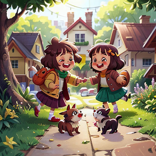 two girls are walking down a path with their dogs and cats in the background of a cartoon - like scene