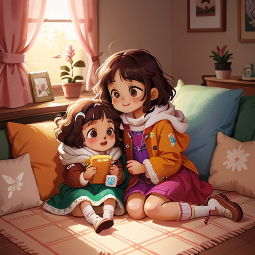 two little girls sitting on a couch with pillows and a blanket on the floor, one of them holding a book