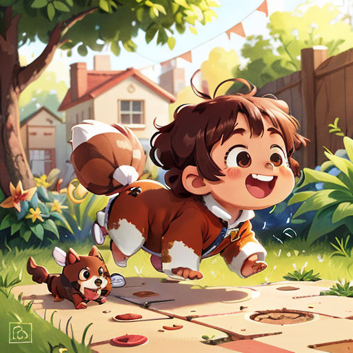a cartoon girl running across a yard with a dog in front of her and a house in the background