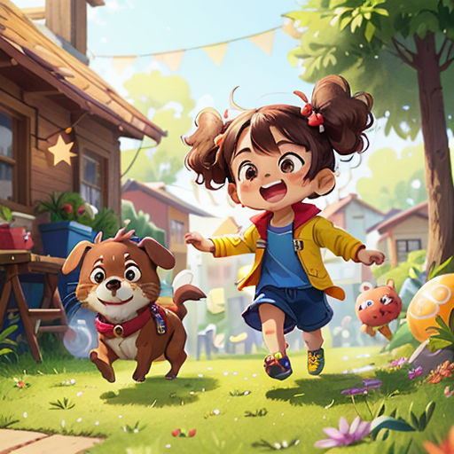 a girl running with a dog in a yard with a house in the background and a dog in the foreground