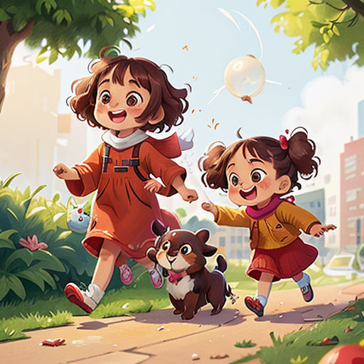 two children are playing with a dog in the park, and one girl is holding a dog's leash