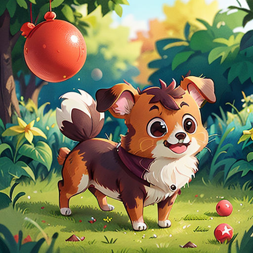 a dog standing in the grass near a tree and a ball hanging from a tree branch with a red ball hanging from it