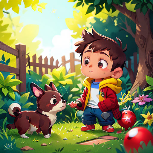 a boy and a dog in a forest with a fence and a fenced in area with flowers and trees
