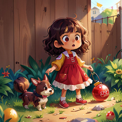 a little girl holding a red ball and a dog in a yard with a fence and a house in the background