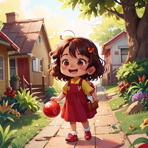 a little girl in a red dress holding a red ball and a red bag in a garden with houses