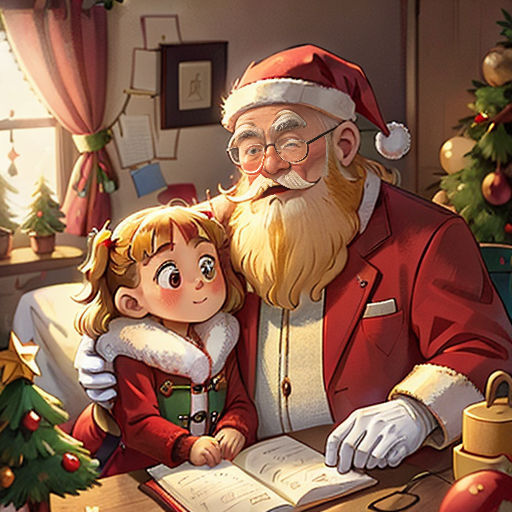 a man and a little girl are sitting at a table with a book in front of them and a christmas tree