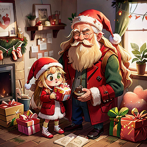 a santa claus and a little girl are standing in front of a fireplace with presents on the floor and presents on the floor