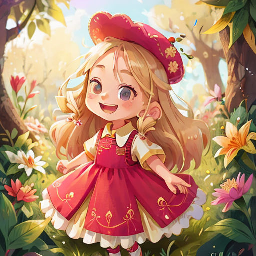 a little girl in a red dress and hat standing in a forest with flowers and trees around her, looking at the camera