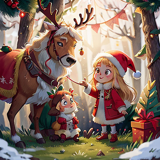 a girl and a boy are standing in the woods with a reindeer and a girl in a red dress