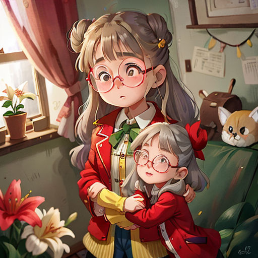 a girl and a boy are hugging in a room with flowers and stuffed animals on the wall behind them