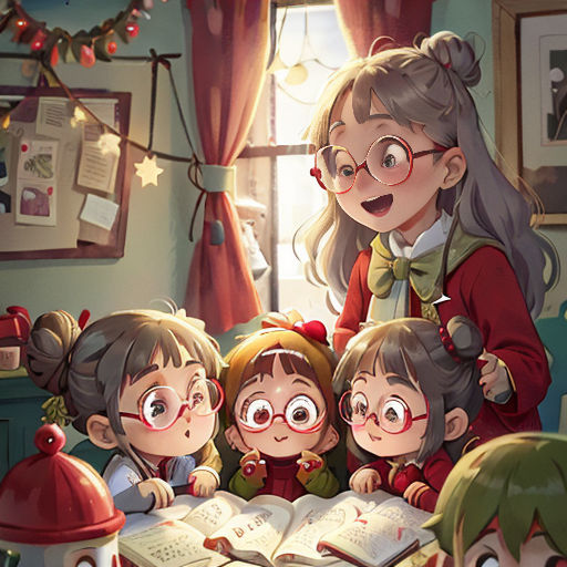 a group of children reading a book together in a room with a christmas tree in the background and a girl with glasses on her head