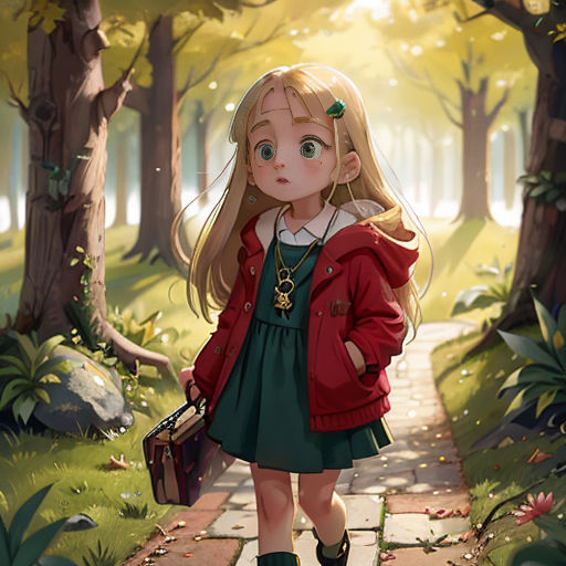 a girl in a red jacket is walking through a forest with a suitcase and a purse in her hand
