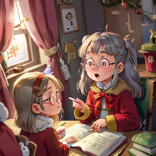 a girl and a girl are sitting at a table reading a book together, with a teddy bear nearby