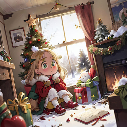 a girl sitting on a table with a christmas tree in the background and presents around her, with a fireplace in the foreground
