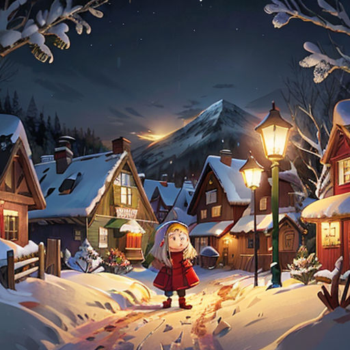 a cartoon girl is walking through a snowy village at night with a lantern on her head and a snowman in the background