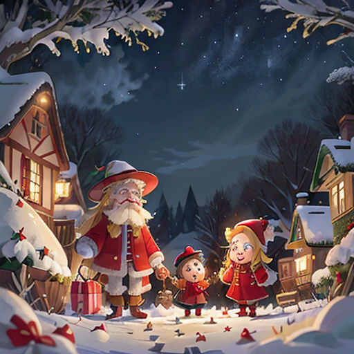 a christmas scene with santa and two children in the snow with a santa clause in the background and a snowman and a dog