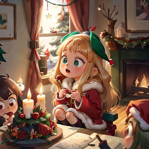 a girl sitting on a table with a candle in her hand and a boy standing next to her looking at a book