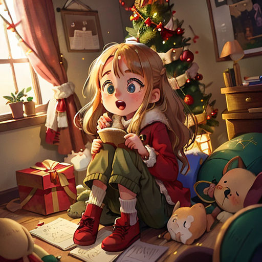 a girl sitting on a floor next to a christmas tree and a teddy bear next to a window with a christmas tree