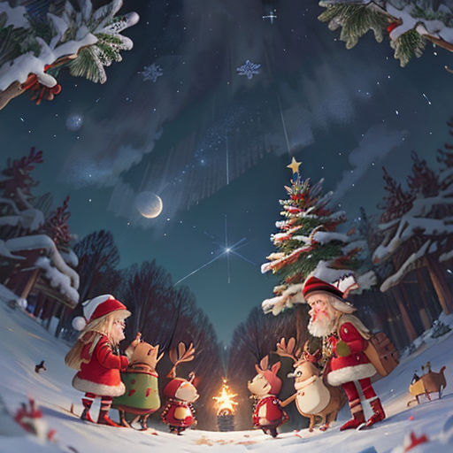 a painting of santa and his reindeers in the snow with a star in the sky above them and a christmas tree