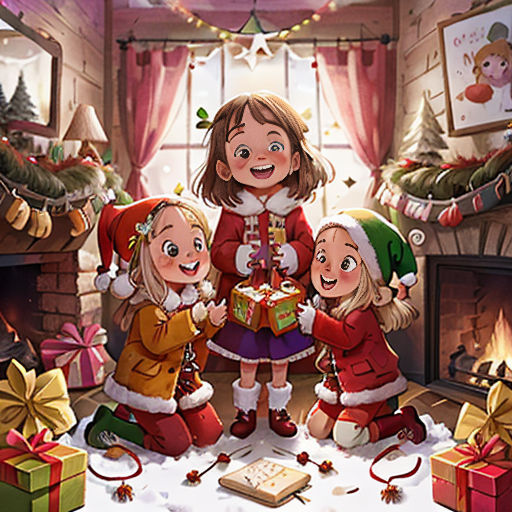 a group of children standing next to a christmas tree in front of a fireplace with presents on the mantle