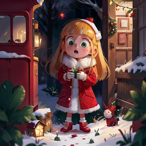 a girl in a red coat and a santa hat standing in a snowy yard with a red bus and a christmas tree