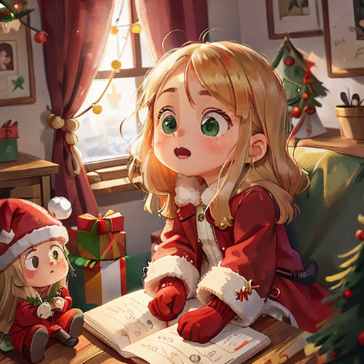 a girl sitting on a couch next to a christmas tree and a little girl reading a book in front of a window