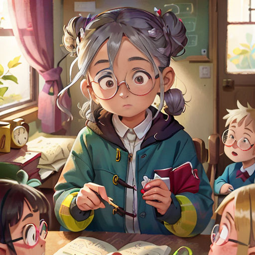 a group of children sitting around a table with a book in front of them and a girl reading a book