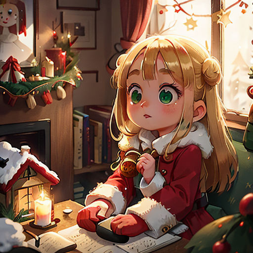 a girl sitting at a desk with a christmas tree in the background and a lit candle in front of her
