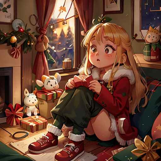 a girl sitting on a couch with a christmas present in front of her and a dog sitting on the floor