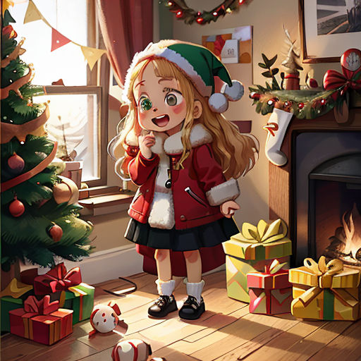 a girl in a christmas outfit standing in front of a christmas tree with presents around her and a dog