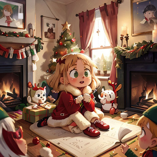 a girl sitting on a rug in front of a christmas tree with other children around her and a fireplace