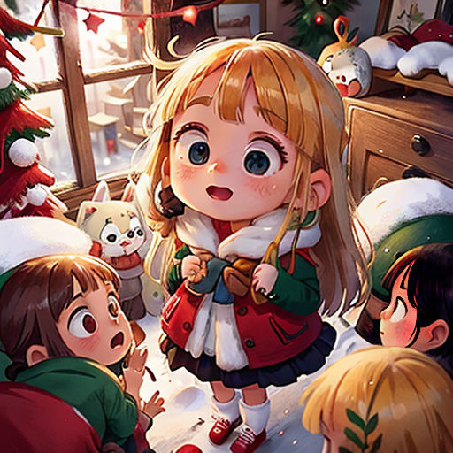 a group of children standing around a christmas tree in a room with a christmas tree and a teddy bear