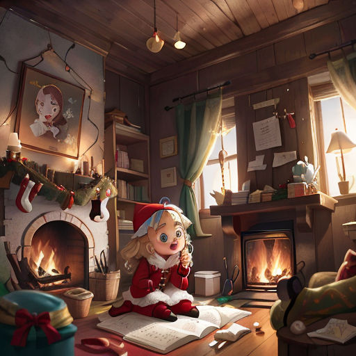 a girl sitting on a table in a room with a fireplace and a christmas tree in the corner of the room