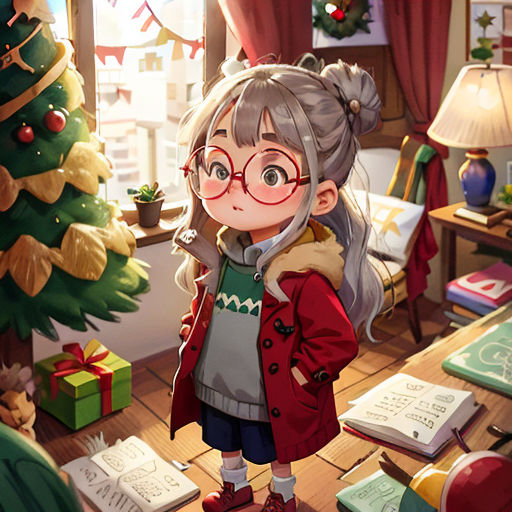 a girl in a red coat standing in a room with a christmas tree and presents on the floor and a christmas tree in the corner
