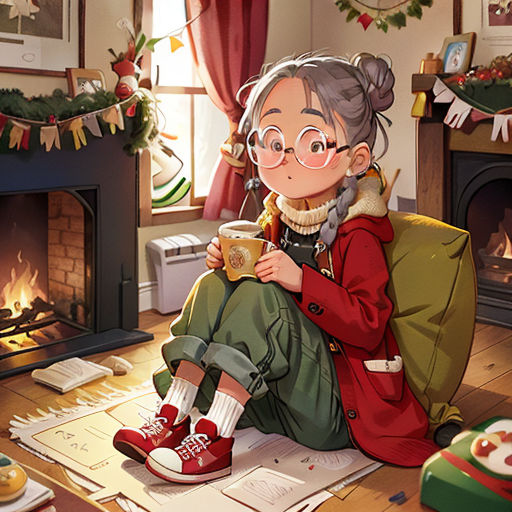 a girl sitting on the floor drinking a cup of coffee in front of a fireplace with a christmas wreath