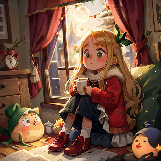 a girl sitting on a bed with a cup of coffee in her hand and a teddy bear sitting on the floor