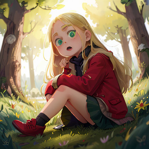 a girl sitting in the grass with her eyes open and a surprised look on her face, with trees in the background