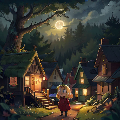 a girl walking down a path in a forest at night with a full moon in the background and a house on the other side