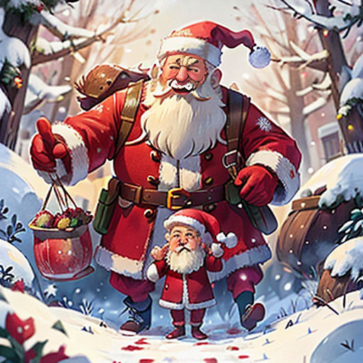 a santa clause is walking with a child in the snow in front of a christmas scene with a santa clause