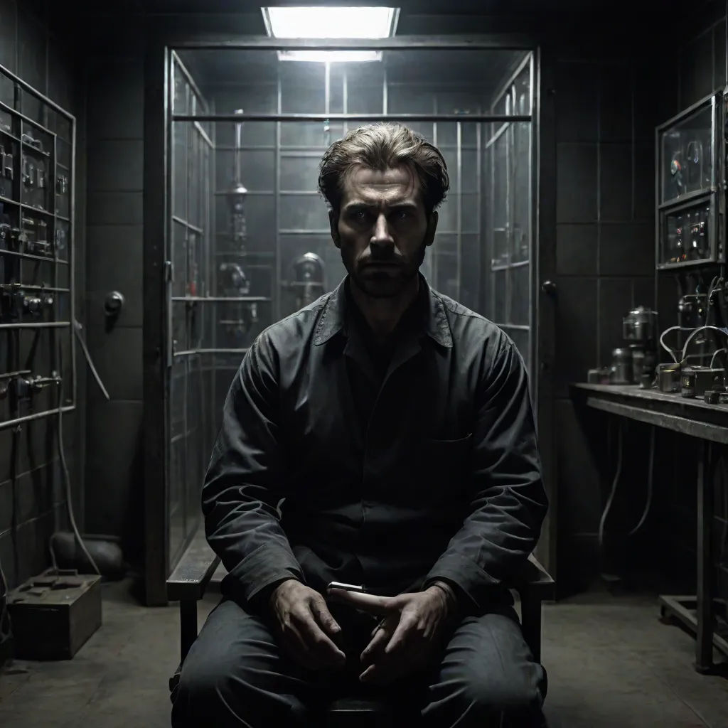 a man sitting in a room with lots of glass cases on the walls and a light above him that is shining, brutalism, a comic book panel, Daryush Shokof, promotional image