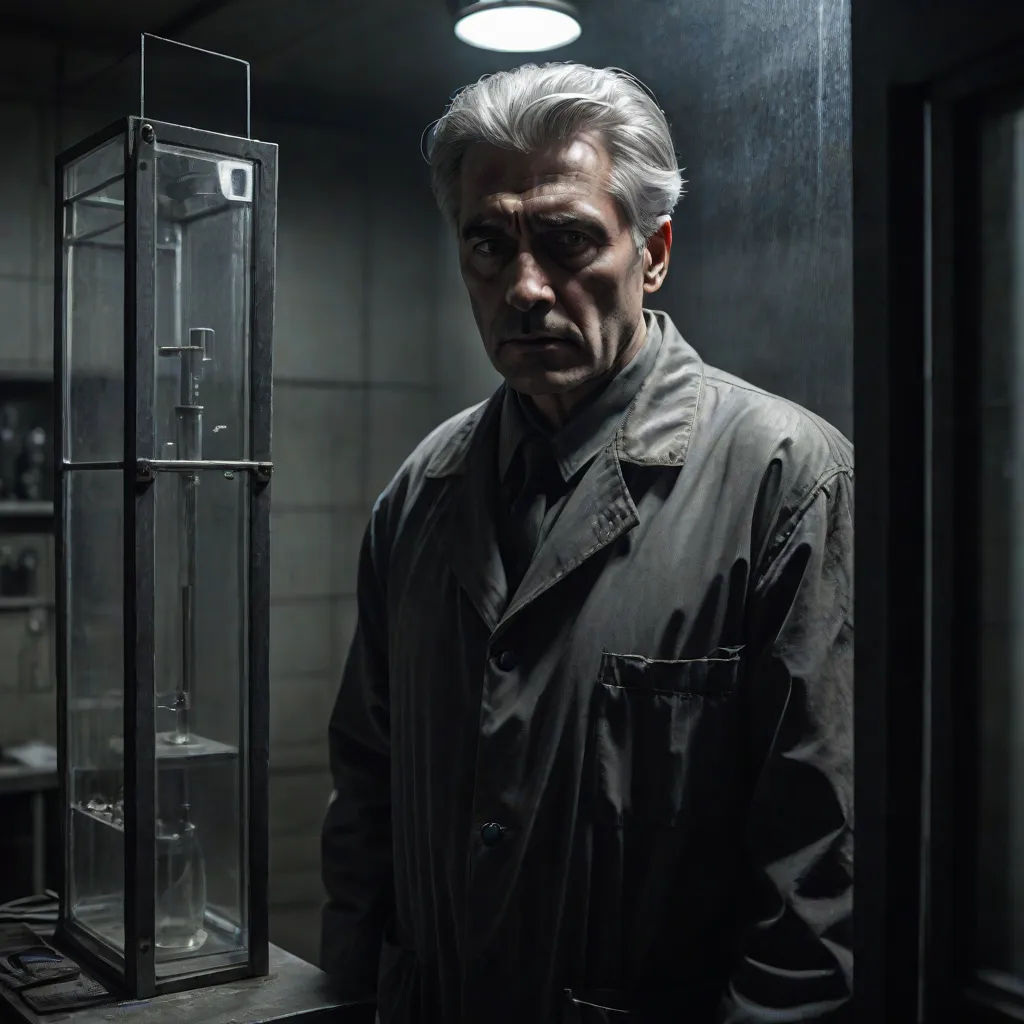 a man standing in a dark room with a glass case in front of him and a light above him, aestheticism, a character portrait, Alexander Litovchenko, promotional image