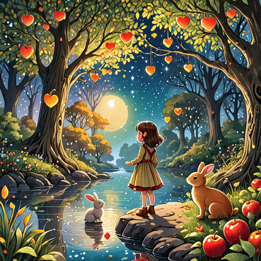 a painting of a girl and a rabbit by a river at night with hearts floating in the sky above, Alice Prin, fantasy art, a storybook illustration, storybook illustration