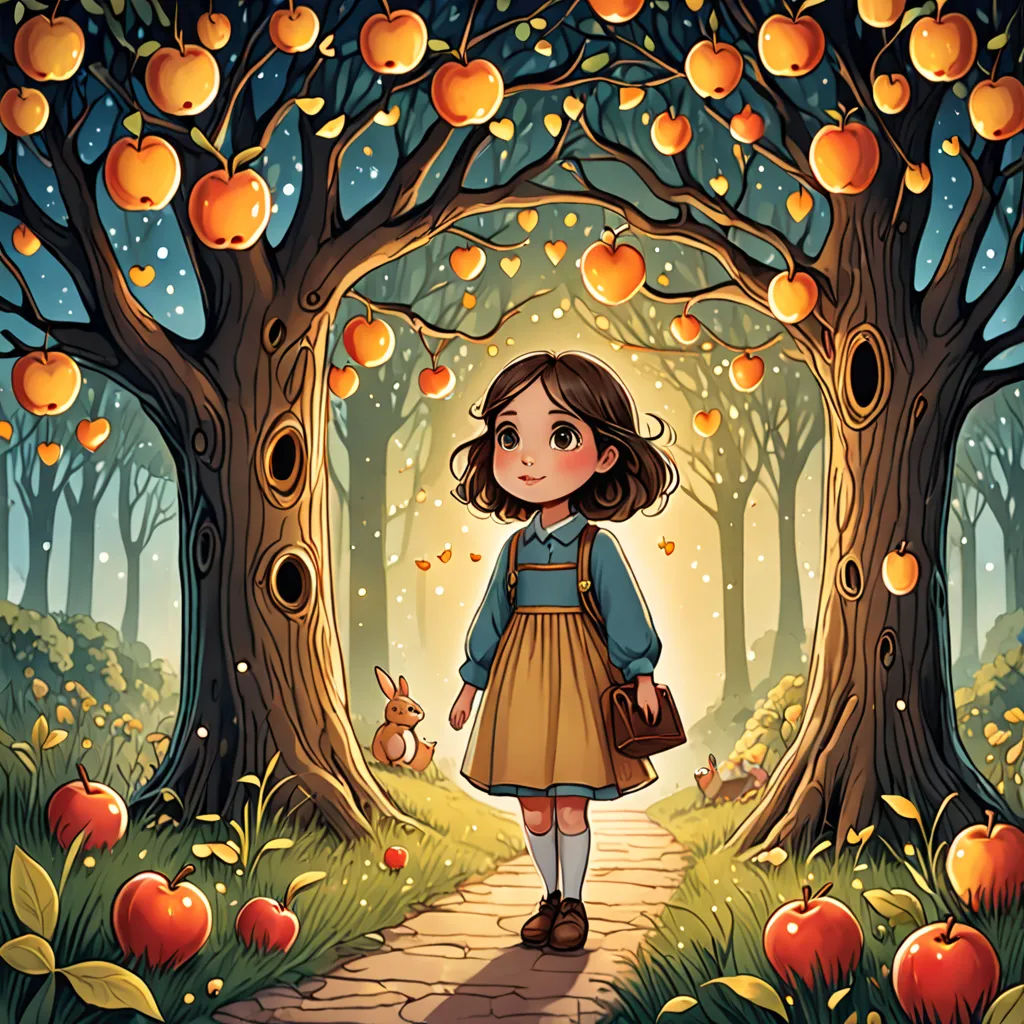 a girl in a dress is walking through an apple orchard with a squirrel and a bird in her hand, Alice Prin, fantasy art, a storybook illustration, storybook illustration