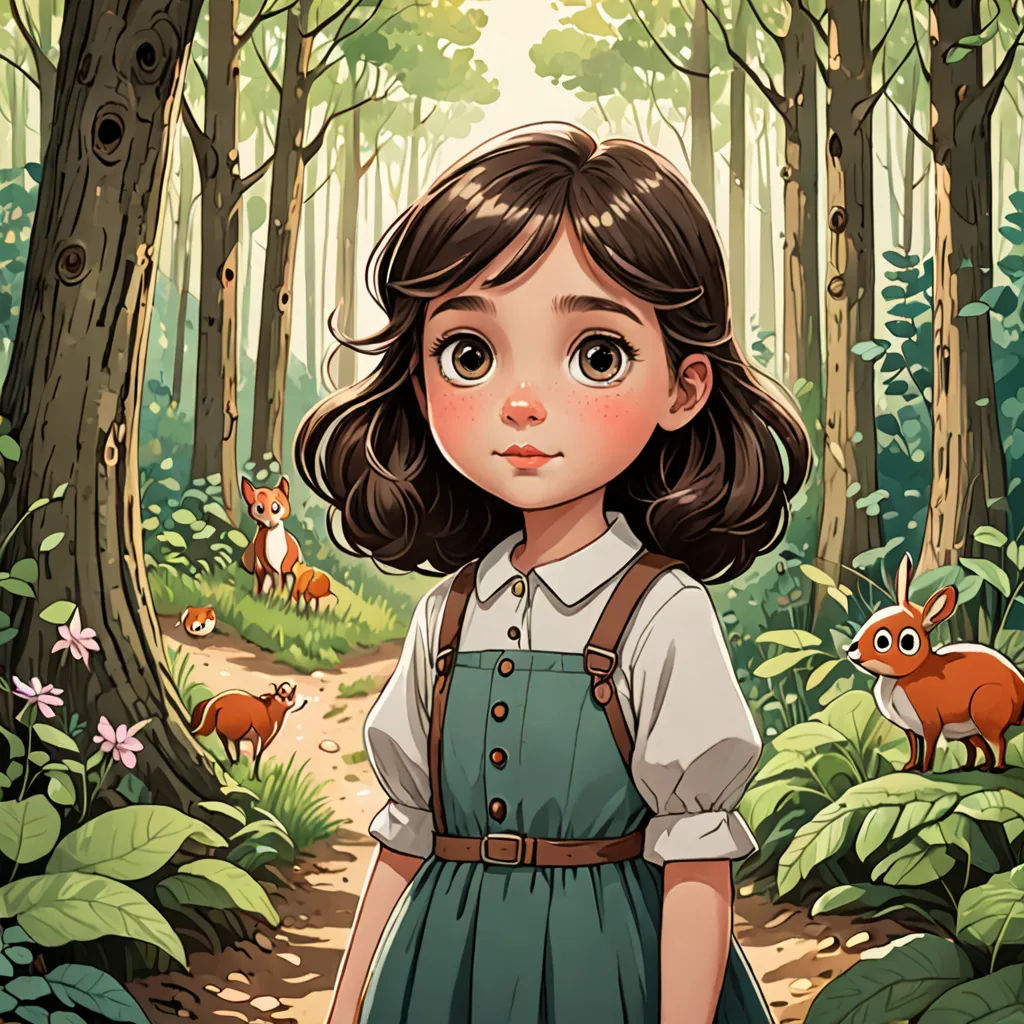 a girl in a forest with a deer and a fox behind her is looking at the camera and is standing in front of a forest with a fox and a fox, Alice Prin, fantasy art, a storybook illustration, forest